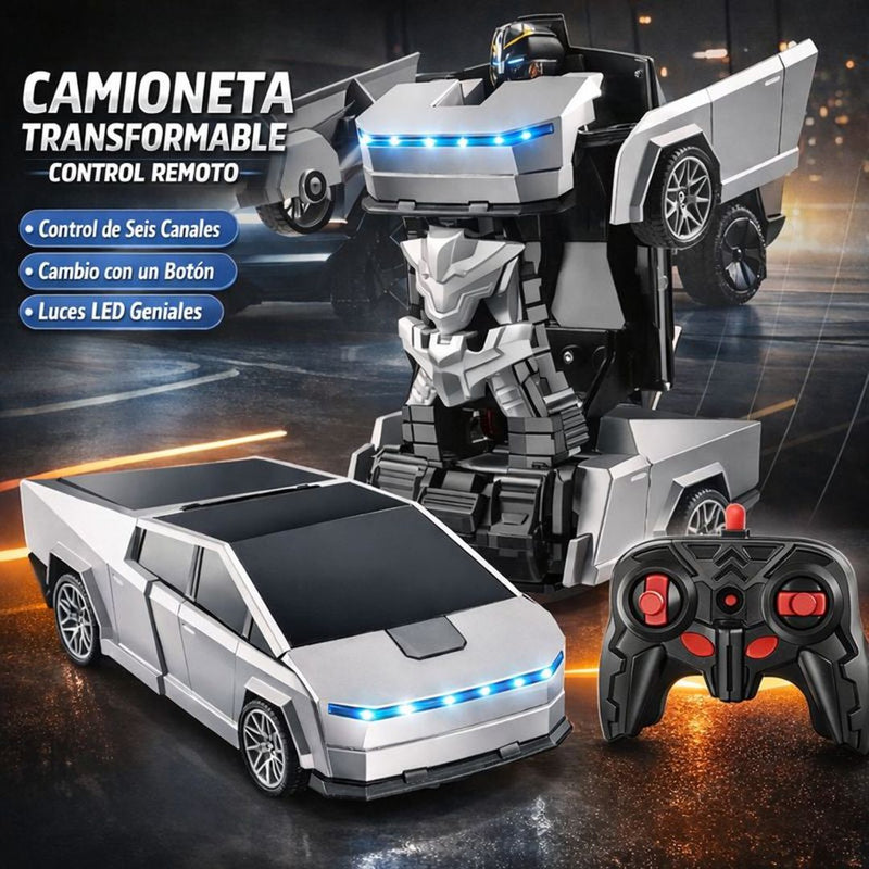 Juguete de Carro Transformable a Control Remoto para niños. CyberTruck 2 en 1 con Rotación 360° y Luces LED. Color Plateado.