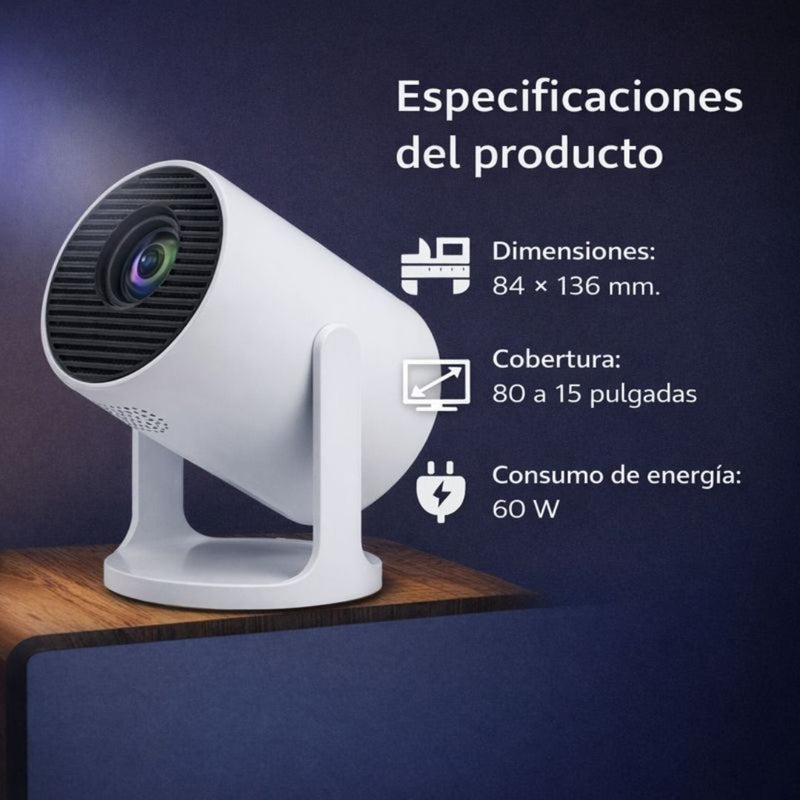 Proyector Portátil Android 13 con Bluetooth. Resolución 4K. Pantalla de 15 a 80 Pulgadas. HY300Pro+S2