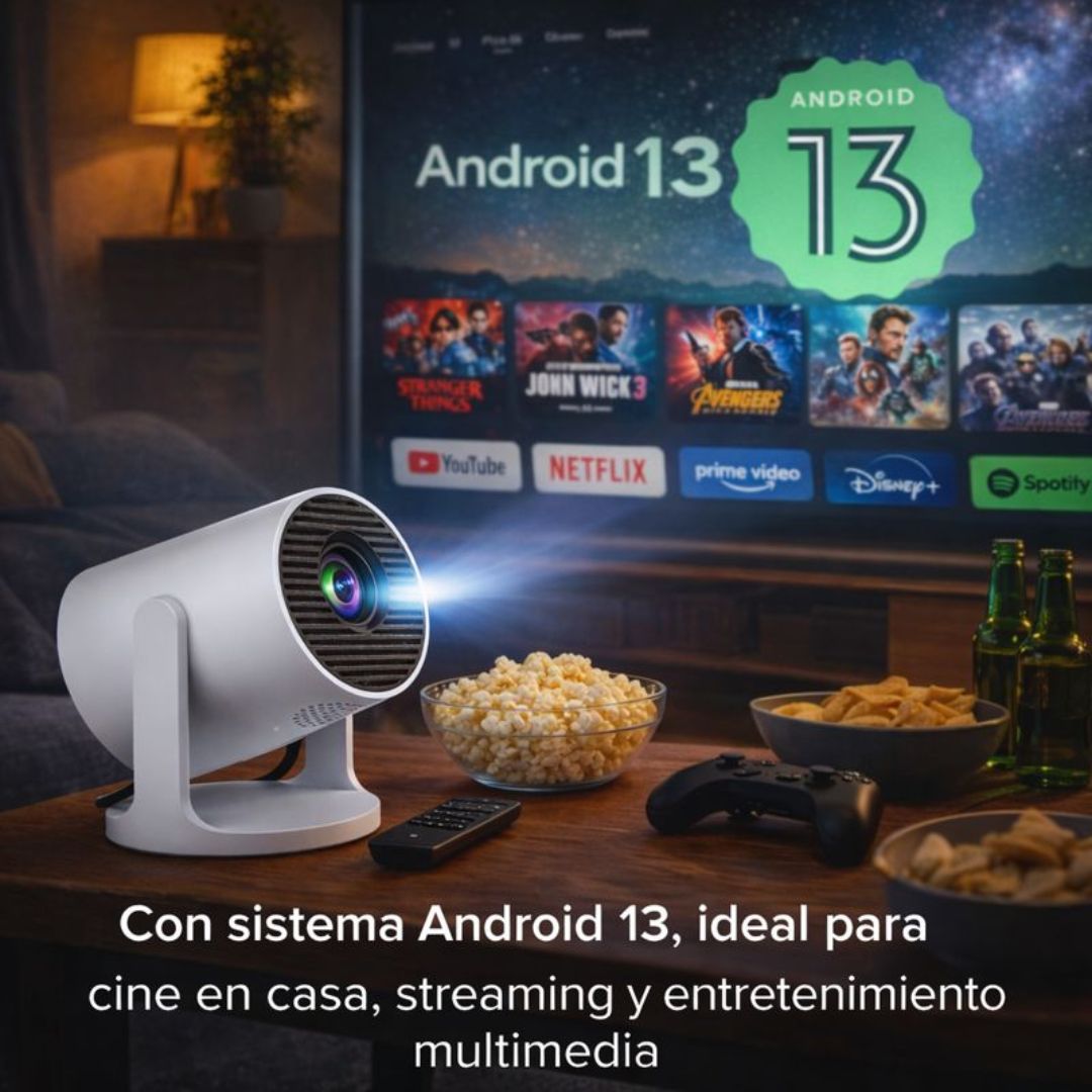 Proyector Portátil Android 13 con Bluetooth. Resolución 4K. Pantalla de 15 a 80 Pulgadas. HY300Pro+S2