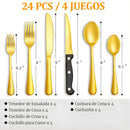 Cubiertos de Acero Inoxidable. Juego de 24 Piezas. Color dorado. Set Ideal Para 4 Personas.