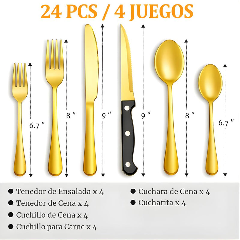 Cubiertos de Acero Inoxidable. Juego de 24 Piezas. Color dorado. Set Ideal Para 4 Personas.