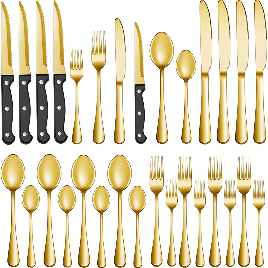 Cubiertos de Acero Inoxidable. Juego de 24 Piezas. Color dorado. Set Ideal Para 4 Personas.