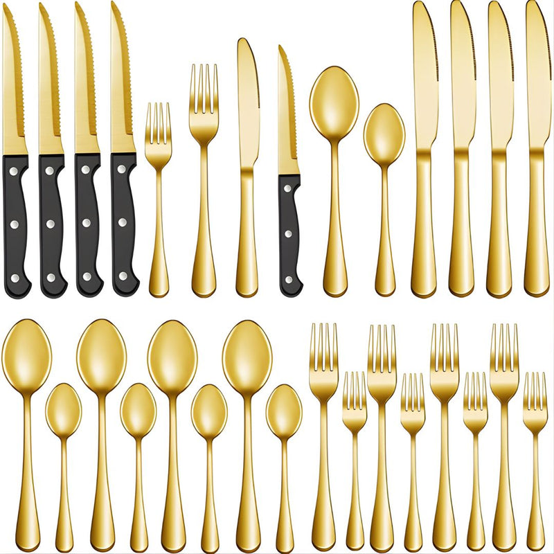Cubiertos de Acero Inoxidable. Juego de 24 Piezas. Color dorado. Set Ideal Para 4 Personas.