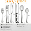 Cubiertos de Acero Inoxidable. Juego de 24 Piezas. Color plateado. Set Ideal Para 4 Personas.