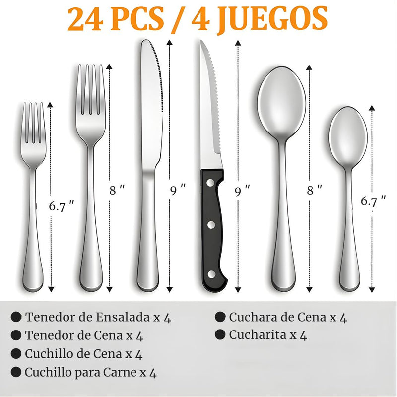 Cubiertos de Acero Inoxidable. Juego de 24 Piezas. Color plateado. Set Ideal Para 4 Personas.