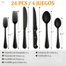 Cubiertos de Acero Inoxidable. Juego de 24 Piezas. Color negro. Set Ideal Para 4 Personas.