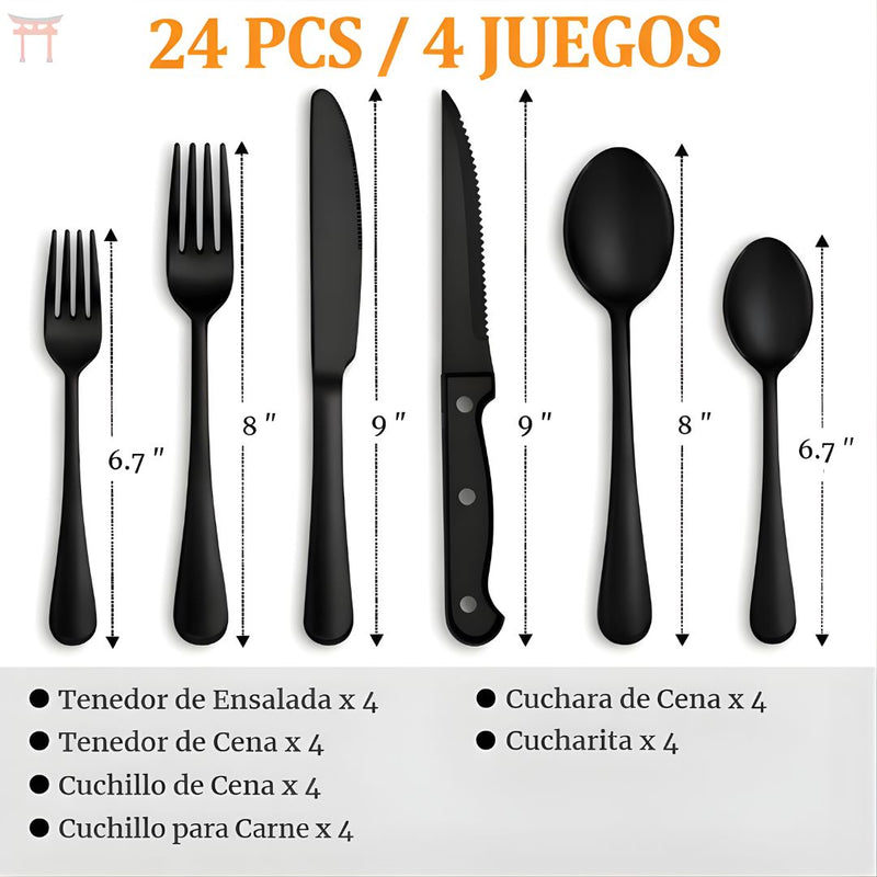 Cubiertos de Acero Inoxidable. Juego de 24 Piezas. Color negro. Set Ideal Para 4 Personas.