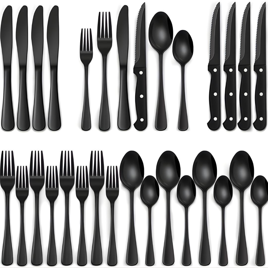 Cubiertos de Acero Inoxidable. Juego de 24 Piezas. Color negro. Set Ideal Para 4 Personas.