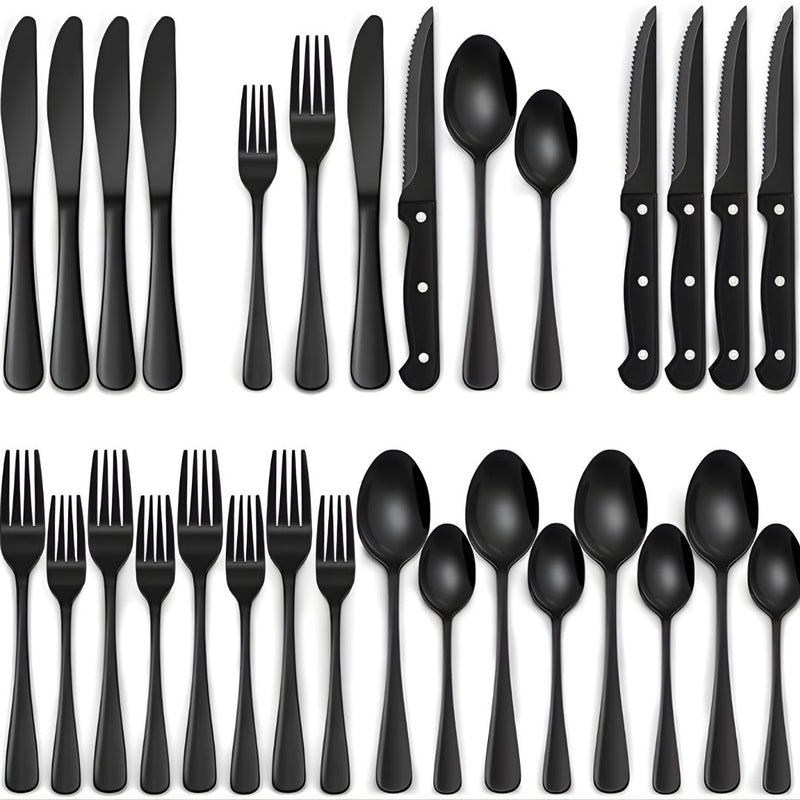 Cubiertos de Acero Inoxidable. Juego de 24 Piezas. Color negro. Set Ideal Para 4 Personas.