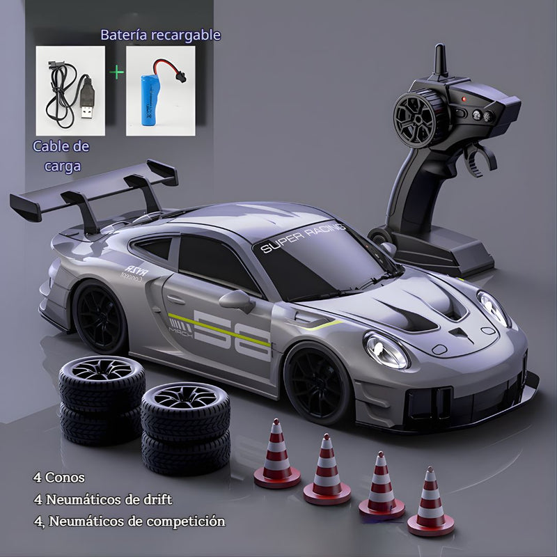 Juguete Carro Drift Deportivo a Control Remoto con Bateria Recargable. Auto de Alta Velocidad con Luz LED (21x8x5cm). Color Gris.