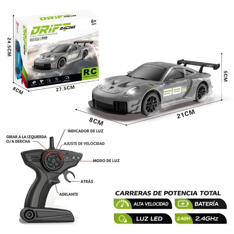 Juguete Carro Drift Deportivo a Control Remoto con Bateria Recargable. Auto de Alta Velocidad con Luz LED (21x8x5cm). Color Gris.