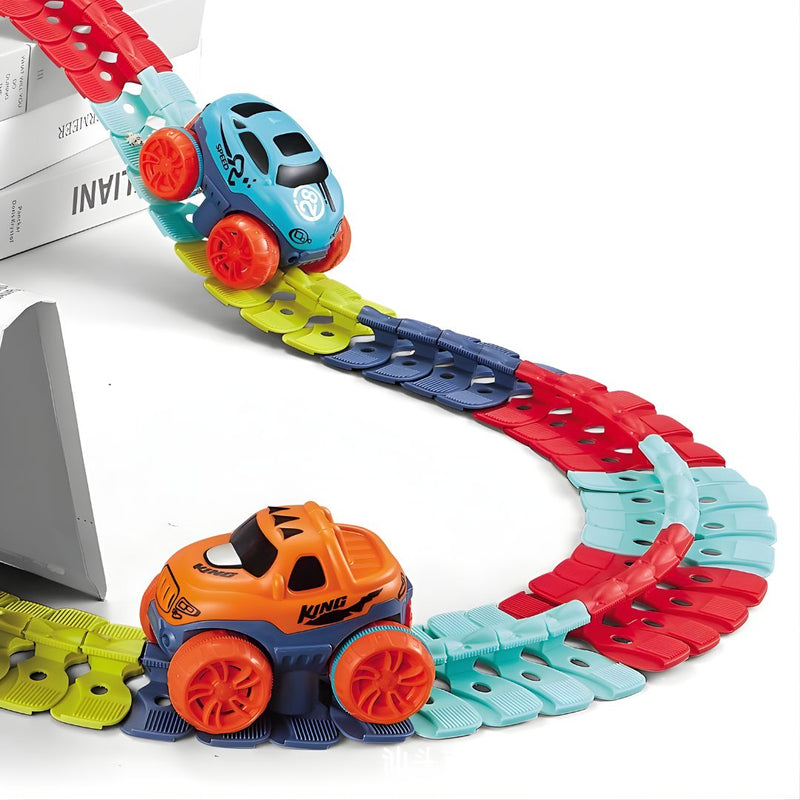 Pista de Carreras Flexible con Auto LED. Circuito Armable y Modular. Juguete de 46 Piezas para Niños.