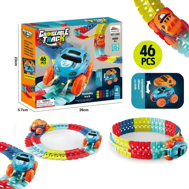 Pista de Carreras Flexible con Auto LED. Circuito Armable y Modular. Juguete de 46 Piezas para Niños.