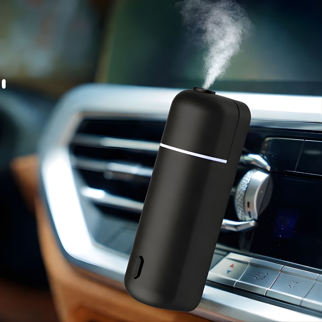 Difusor de Aroma Portátil Para Auto. Ambientador Recargable USB C. Aromatizador para carros. Color Negro.