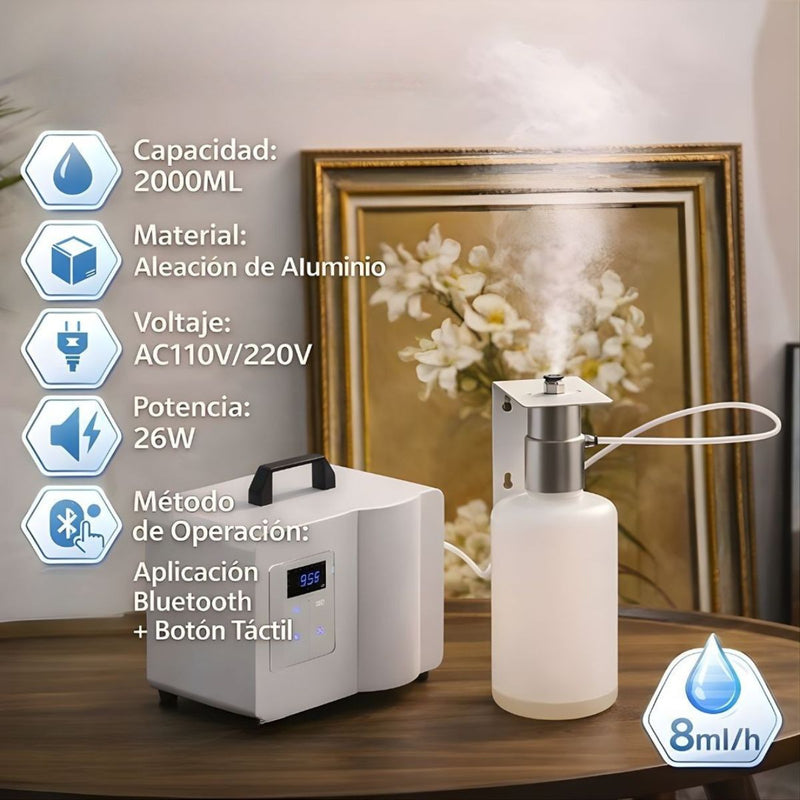 Difusor Aromas De Aceites Esenciales para sistema aire acondicionado HVAC 26W. Capacidad de 2000ml y Alcance de 1000 m². Dispensador Aromático con Bluetooth 110V. Color Blanco (26.3x18.4x19cm).