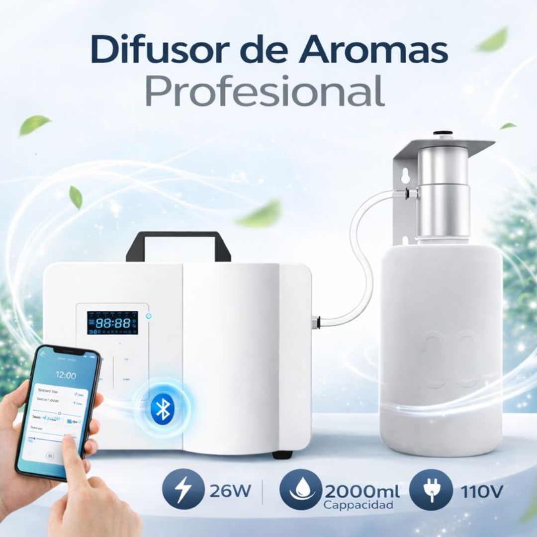 Difusor Aromas De Aceites Esenciales para sistema aire acondicionado HVAC 26W. Capacidad de 2000ml y Alcance de 1000 m². Dispensador Aromático con Bluetooth 110V. Color Blanco (26.3x18.4x19cm).