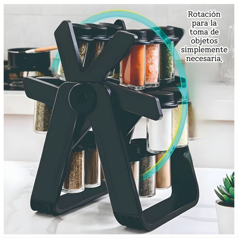Organizador Giratorio de Especias con 18 Frascos. Carrusel para Condimentos. Color Negro (26x23x34cm).