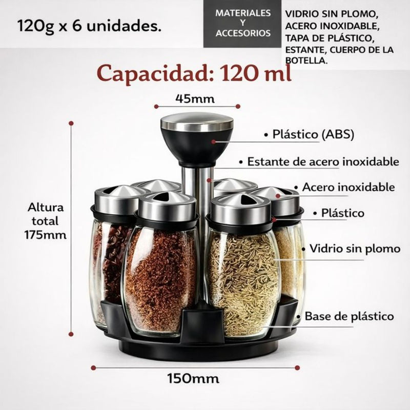 Organizador Giratorio de Especias con 6 Frascos de Vidrio (120ml). Carrusel para Condimentos con Tapas de Acero Inoxidable.