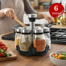Organizador Giratorio de Especias con 6 Frascos de Vidrio (120ml). Carrusel para Condimentos con Tapas de Acero Inoxidable.