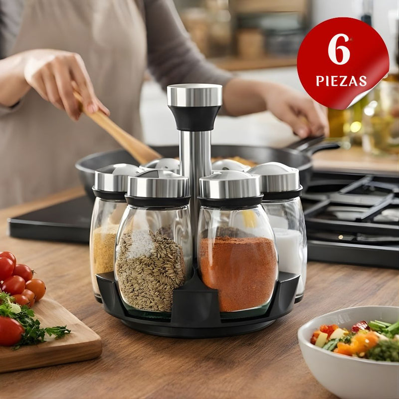 Organizador Giratorio de Especias con 6 Frascos de Vidrio (120ml). Carrusel para Condimentos con Tapas de Acero Inoxidable.