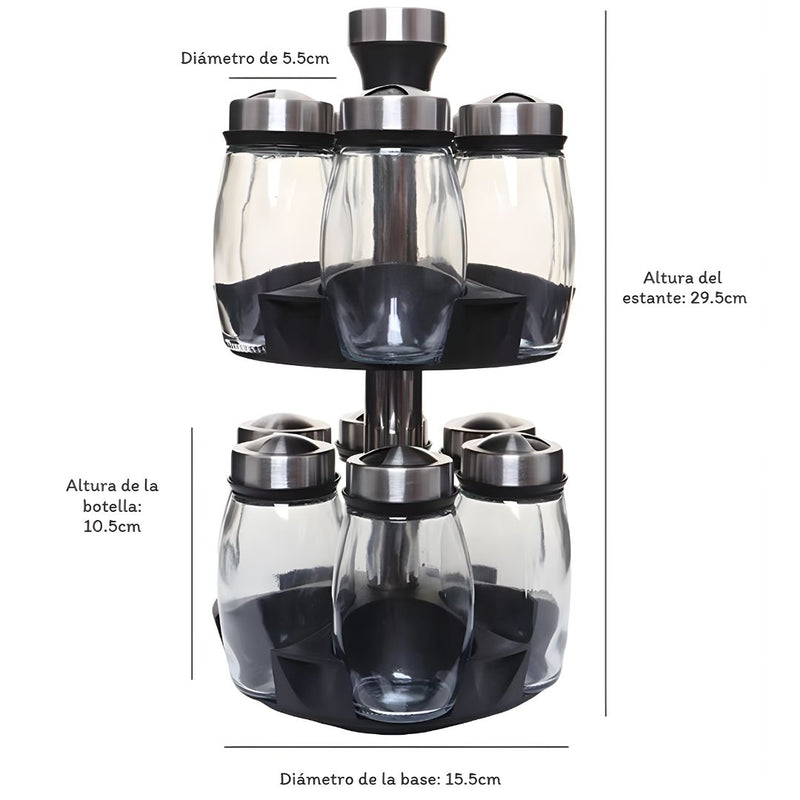 Organizador Giratorio Para Especias. Dos Niveles con 12 Frascos de Vidrio (120ml). Carrusel para Condimentos con Tapas de Acero Inoxidable.