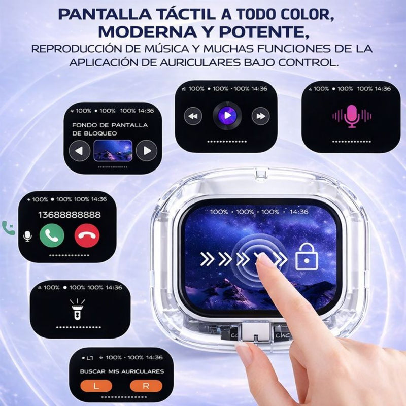 Auriculares Inalámbricos con Bluetooth 5.4 y Pantalla Táctil. Audífonos de Color Blanco.