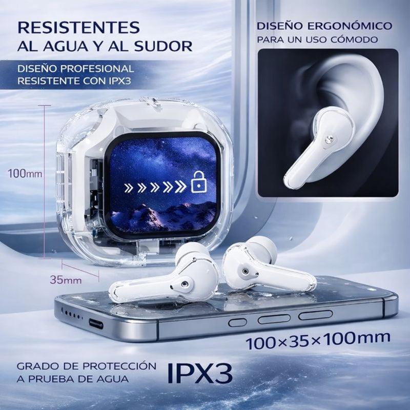 Auriculares Inalámbricos con Bluetooth 5.4 y Pantalla Táctil. Audífonos de Color Blanco.