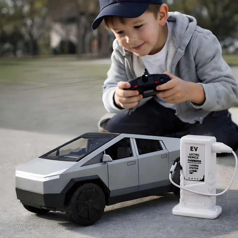 Juguete Carro Tesla Eléctrico a escala 1:30 con Control Remoto. Camioneta con Base de Carga para Niños (19×7.5×6.7cm). Cybertruck.