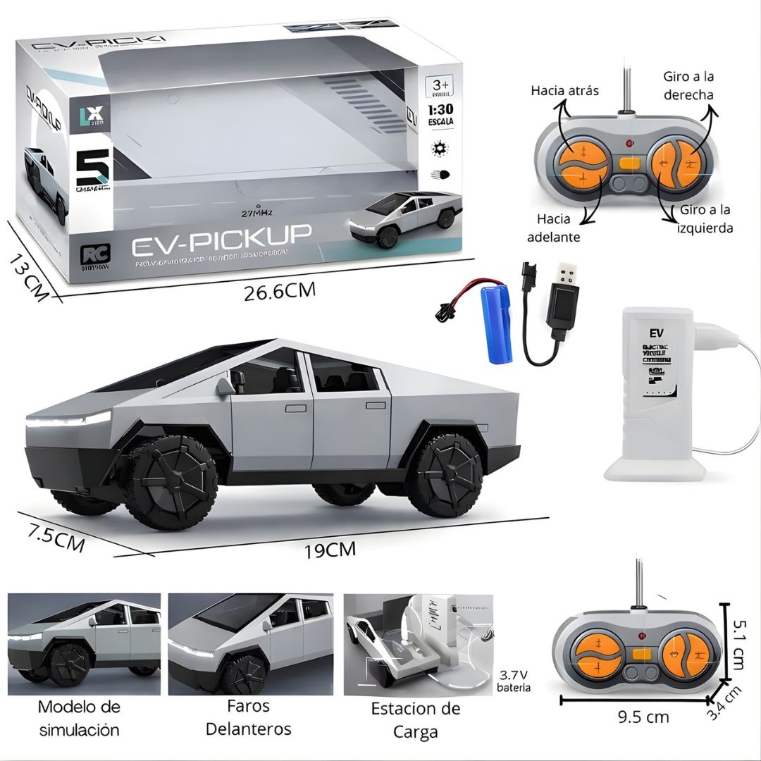 Juguete Carro Tesla Eléctrico a escala 1:30 con Control Remoto. Camioneta con Base de Carga para Niños (19×7.5×6.7cm). Cybertruck.