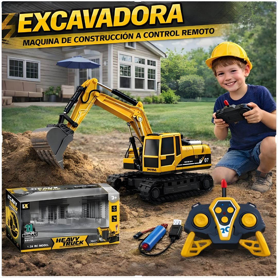 Juguete Excavadora a Escala 1:24 con Control Remoto y Luces LED. Carro de Construcción para Niños (24×9.5×14cm).