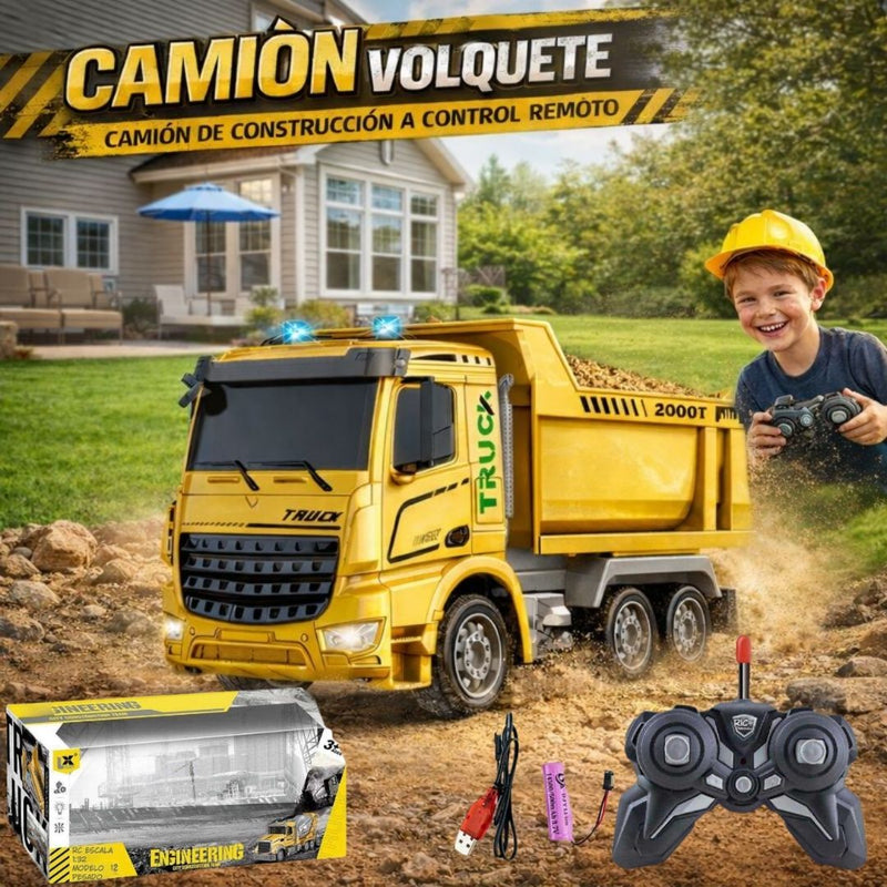 Juguete Camión Volquete a Escala 1:24 con Control Remoto y Luces LED. Carro de Construcción para Niños (24×9×12.5cm)