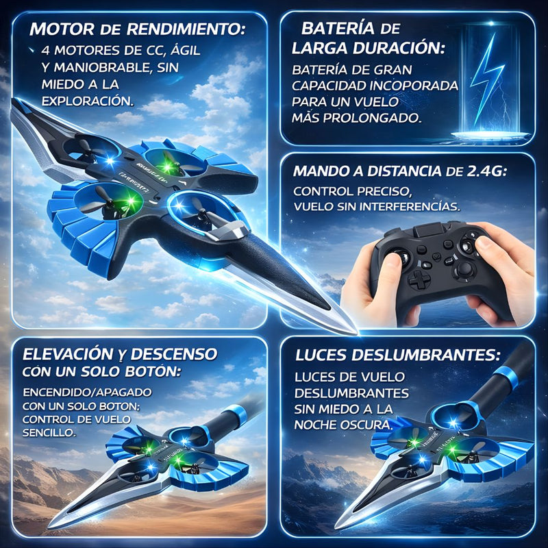 Dron Acrobático a Control Remoto. Juguete Espada Voladora  (18×37.5×4cm). Color azul.