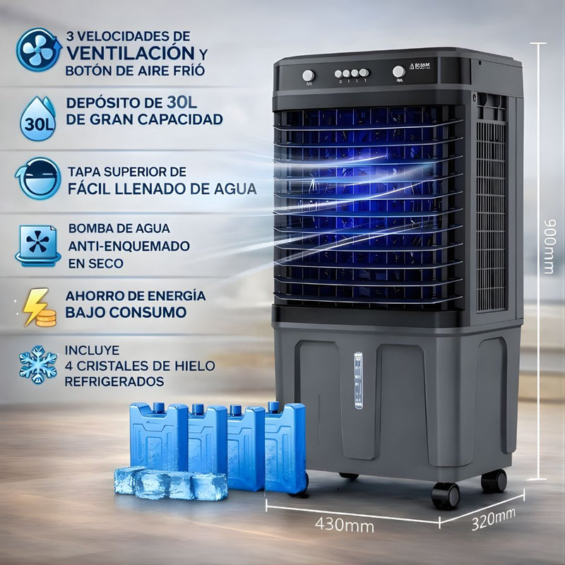 Abanico Acondicionador de Aire Frio con Agua (30L) portátil. Ventilador con Humidificador y Ruedas 110V.