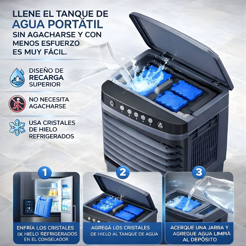 Abanico Acondicionador de Aire Frio con Agua (30L) portátil. Ventilador con Humidificador y Ruedas 110V.