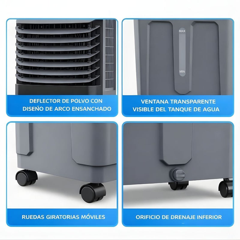 Abanico Acondicionador de Aire Frio con Agua (30L) portátil. Ventilador con Humidificador y Ruedas 110V.