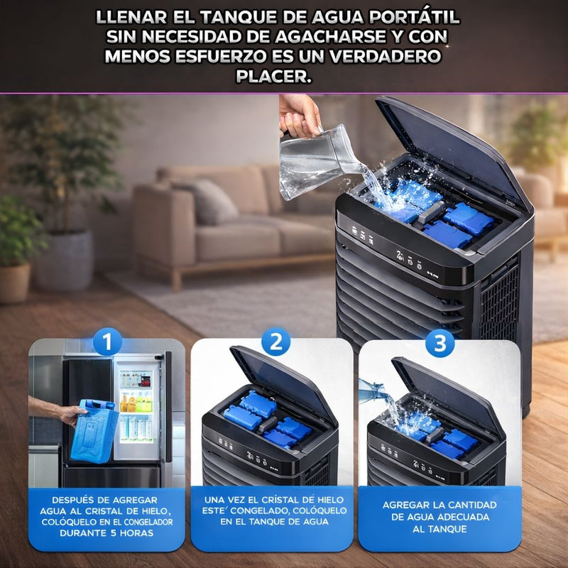 Abanico Acondicionador de Aire Frio con Agua (50L) portátil. Ventilador con Humidificador y Ruedas 110V.