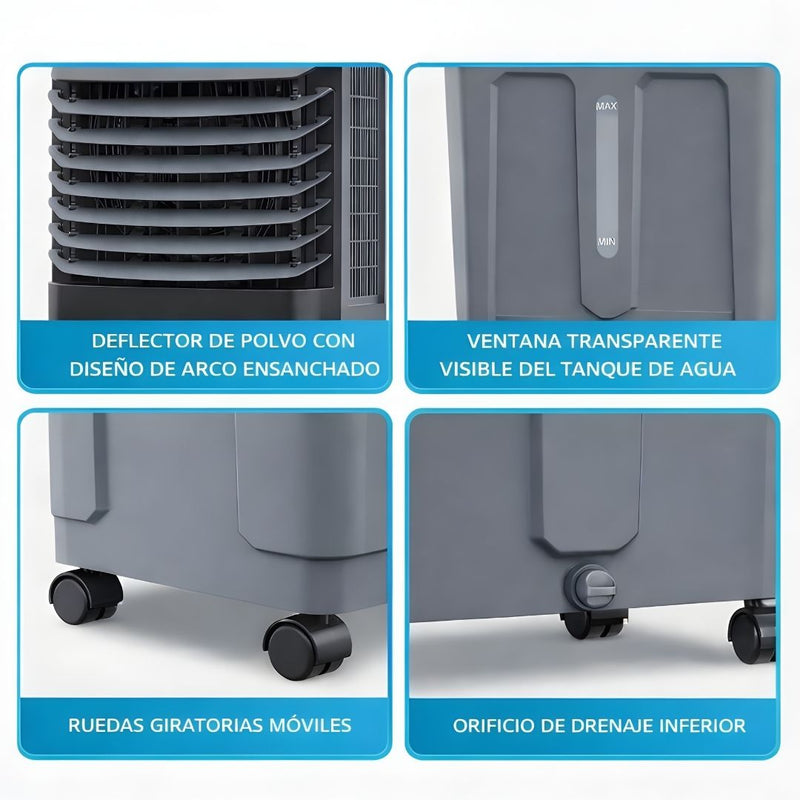 Abanico Acondicionador de Aire Frio con Agua (50L) portátil. Ventilador con Humidificador y Ruedas 110V.