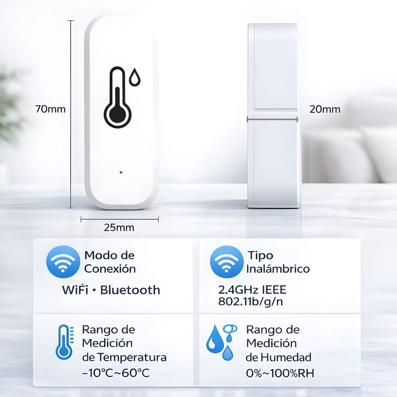 Sensor Inteligente de Temperatura y Humedad WiFi + Bluetooth. Compatible con Alexa y Google Home. Color Blanco (7x2x2.5cm).