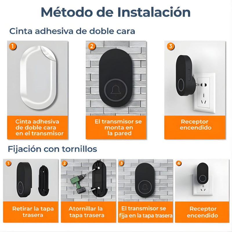 Timbre Inalámbrico Impermeable IP44 de Alcance Largo Hasta 250m. 60 Tonos Ajustables. Color negro.
