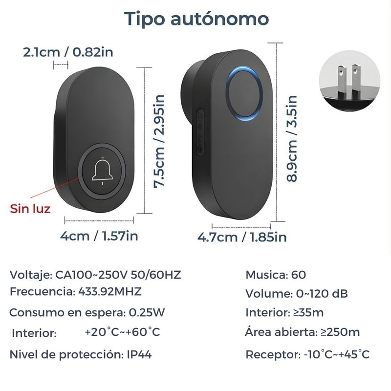 Timbre Inalámbrico Impermeable IP44 de Alcance Largo Hasta 250m. 60 Tonos Ajustables. Color negro.