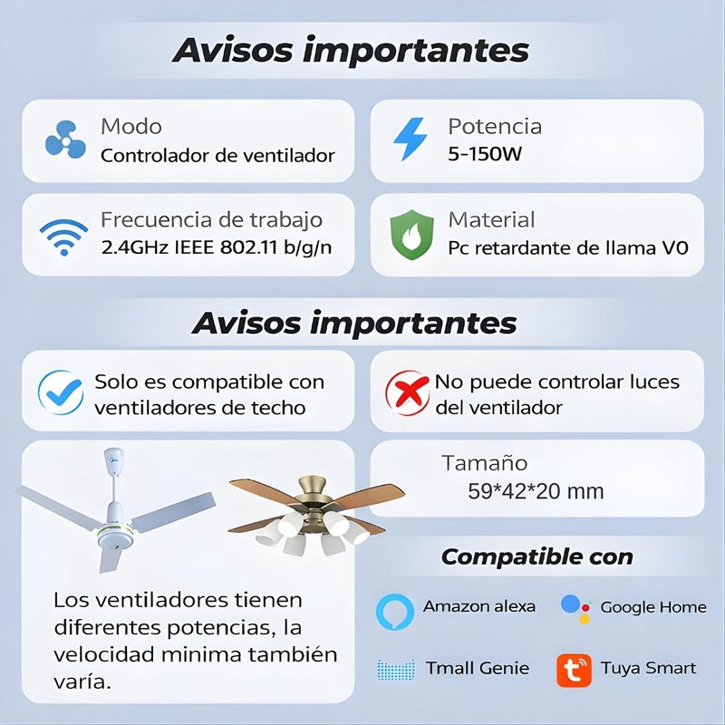 Controlador WiFi Inteligente para control Abanico de Techo. Interruptor Smart 2.4GHz, Compatible con Alexa y Google Home. Color Blanco (5.9x4.2x2cm).