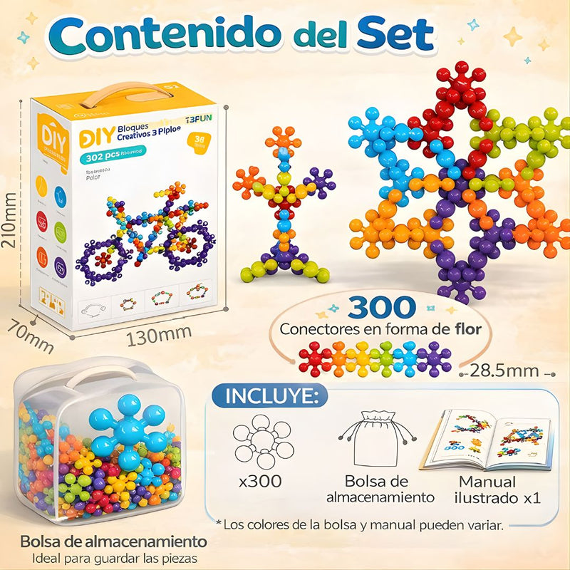 Juguete creativo 3D para diversión educativa y motricidad fina. Bloques de construcción de copos de nieve para niños de 302 Piezas.