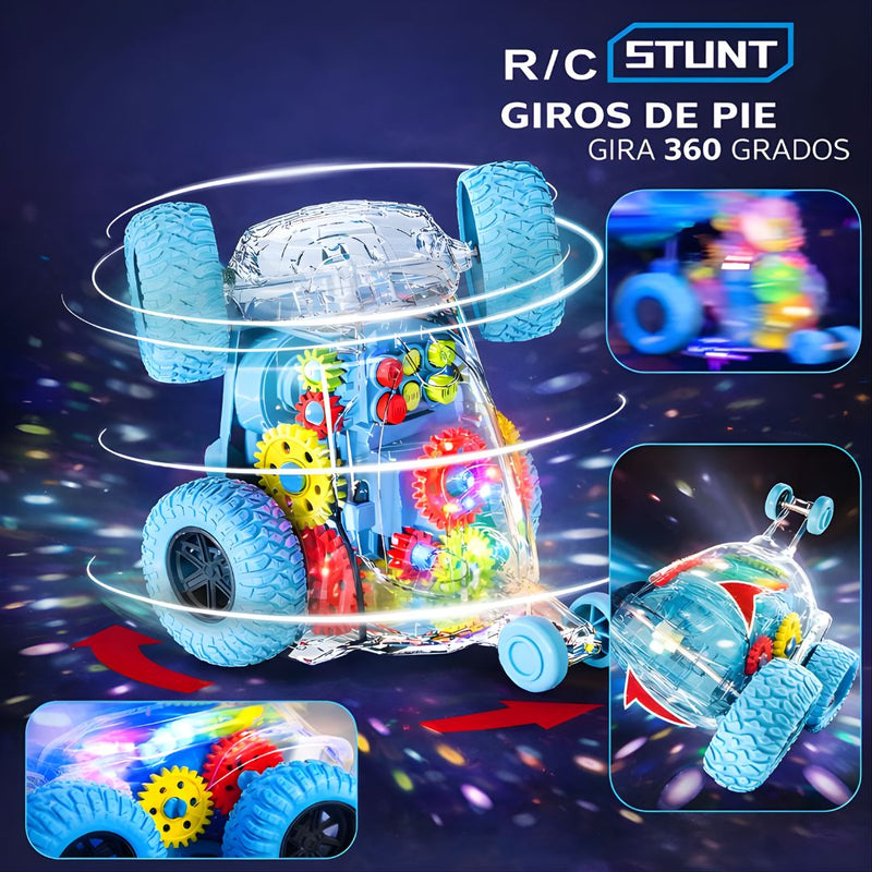Juguete Acrobático 360° a Control Remoto. Carrito infantil giratorio con Luces LED (17.5x12.4x14.5cm). Color Celeste.