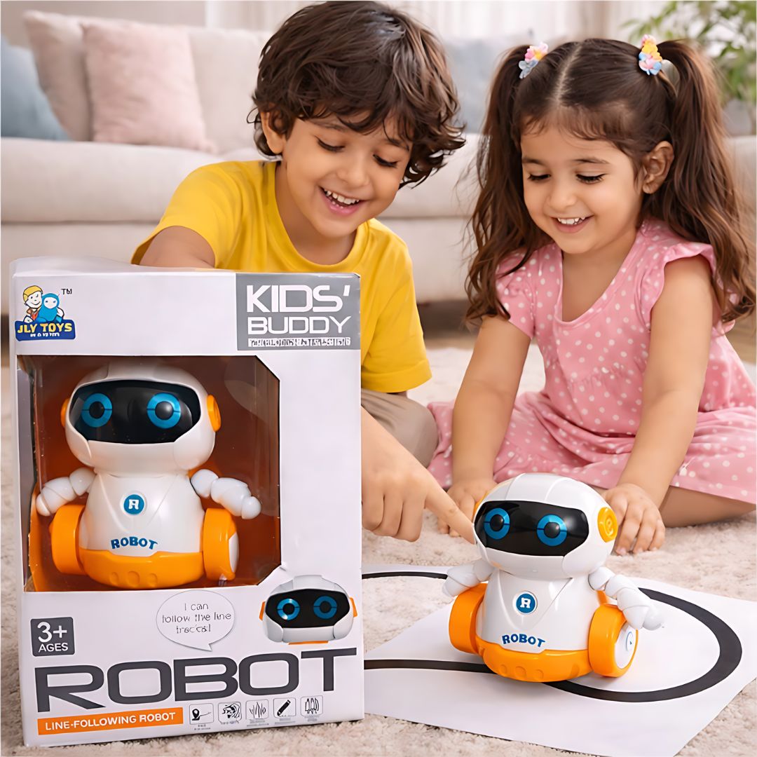 Robot Juguete Interactivo con Seguimiento de Línea para Niños con Luces y Sonidos. Incluye Marcador. Color Blanco (11x6.5x10cm).