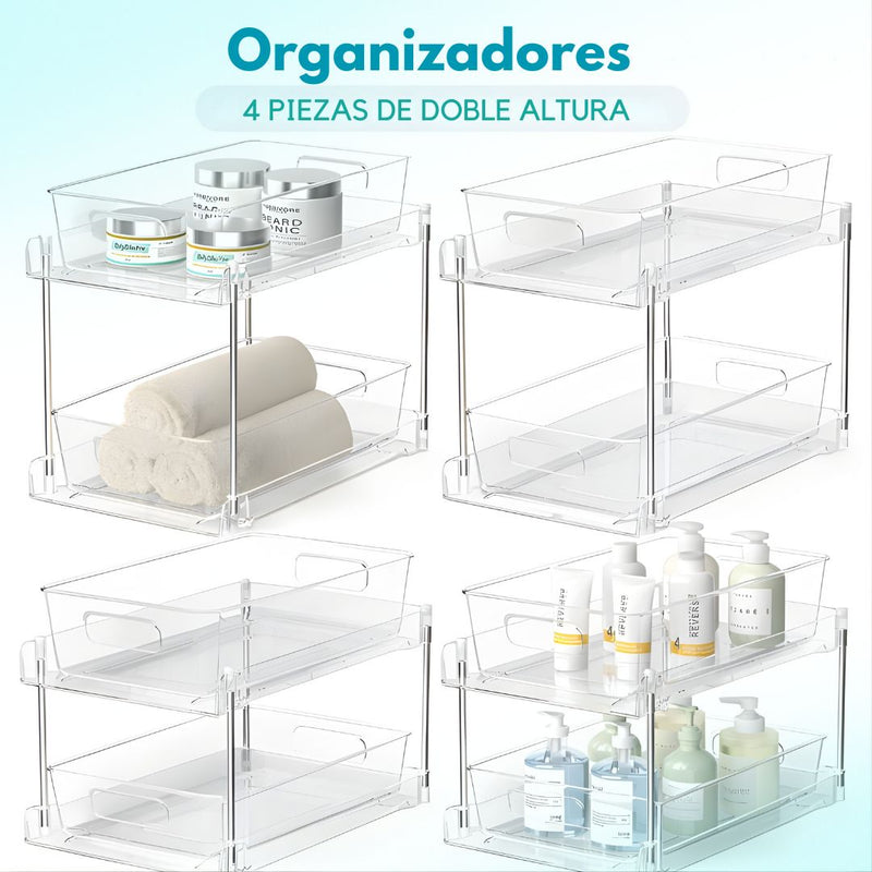 Organizadores Transparentes Multiuso De 2 Niveles. Set de 4 piezas. Repisas multifuncionales (7.5x10x11.8").