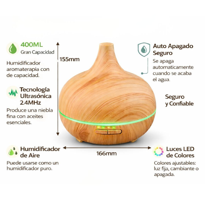 Difusor De Aceites Esenciales 400ML con Luz LED. Dispensador Aromático con Alcance 30㎡ (15.5X16.6 cm) Aromaterapia con control remoto.