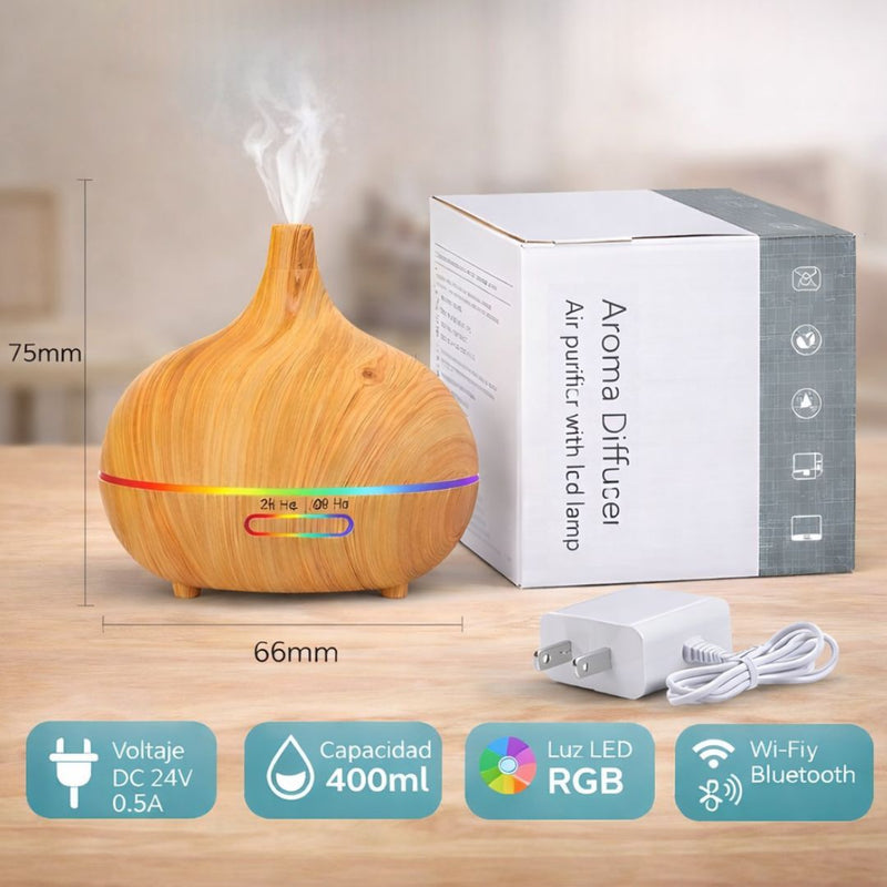 Difusor De Aceites Esenciales 400ML WIFI con Luz LED. Dispensador Aromático con Alcance De 30㎡(6.6x7.5cm) Aromaterapia.