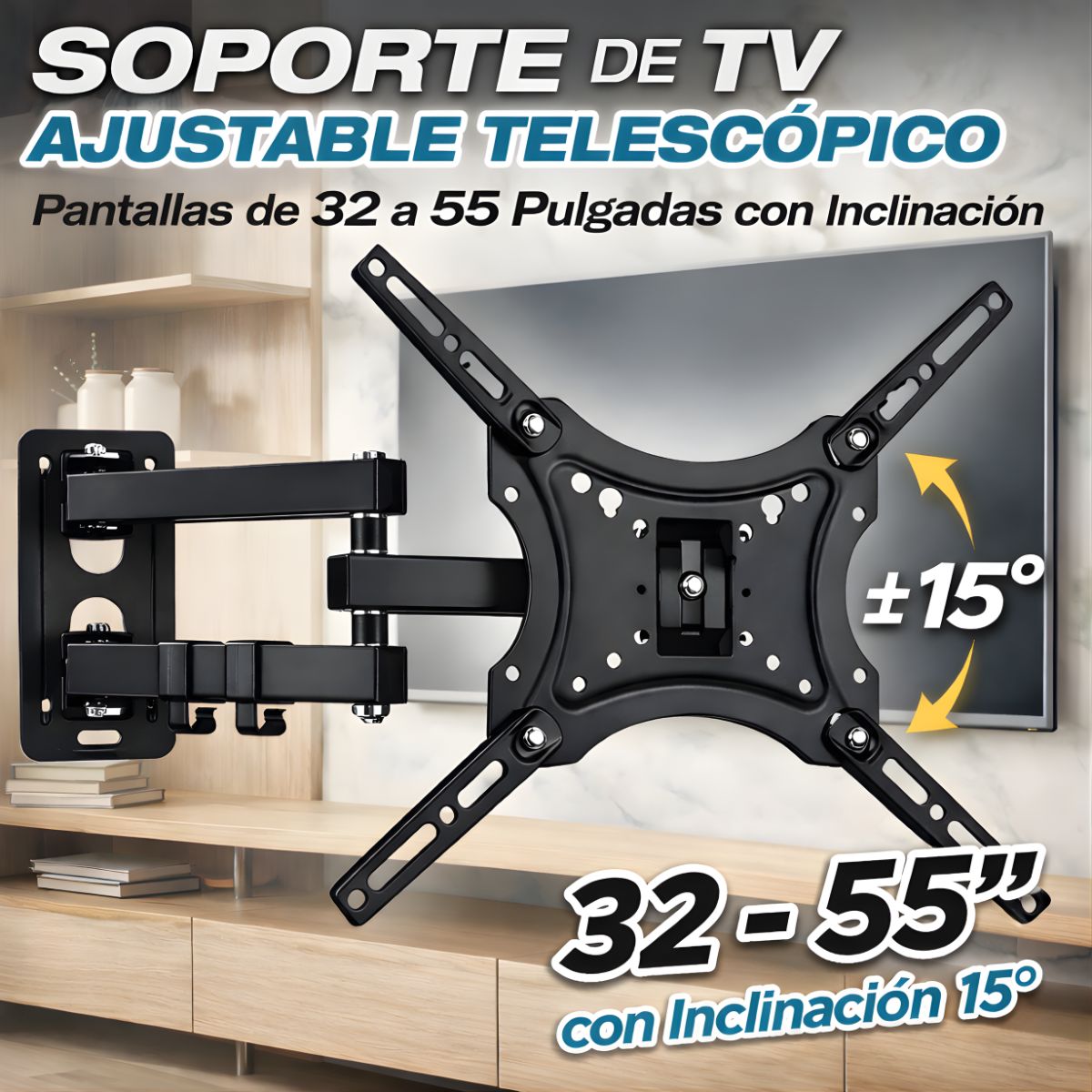 Soporte de Pared para TV Ajustable y Telescópico. Para Pantallas de 32-55". VESA 200x200mm. Brazo de para Televisor.