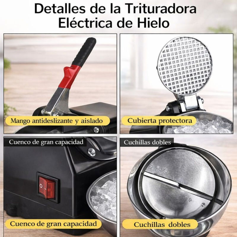 Máquina de Raspados 110V. Trituradora De Hielo Eléctrica 300W Con doble cuchilla. Color negro.