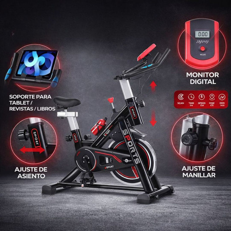 Bicicleta Spinning Estática para interiores con Volante de Inercia y Monitor Digital. Color Negro y rojo (106x120cm).